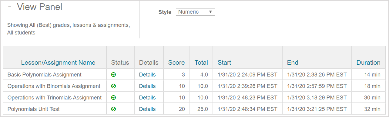 Previous activity attempts are displayed in table form in the View Panel of the Student Gradebook showing the activity name, status, details link, score, total, start date, end date, and duration.